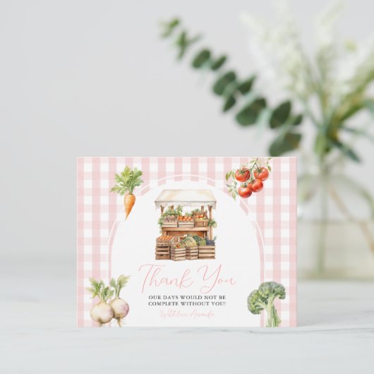 Lokaal geteeld Fresh Market Baby shower Gingham Bedankkaart (Staand voorkant)