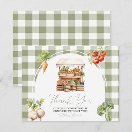 Lokaal geteeld Fresh Market Baby shower Gingham Bedankkaart (Voorkant / Achterkant)