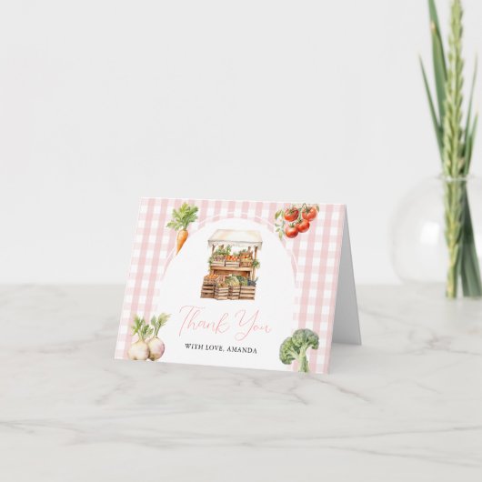 Lokaal geteeld Fresh Market Baby shower Gingham Bedankkaart (Voorkant)