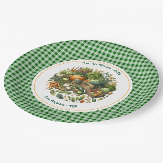 Lokaal geteeld - Gingham Market Harvest Birthday Papieren Bordje (Gekanteld)