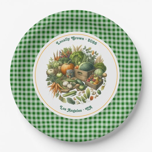 Lokaal geteeld - Gingham Market Harvest Birthday Papieren Bordje (Voorkant)