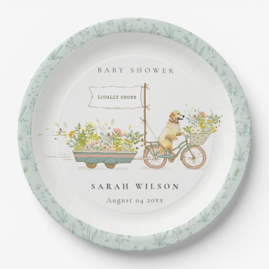 Lokaal geteeld Golden Retriever Floral Baby shower Papieren Bordje (Voorkant)