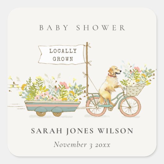 Lokaal geteeld Golden Retriever Floral Baby shower Vierkante Sticker (Voorkant)