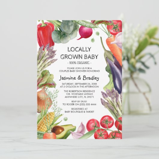 Lokaal Geteelde Boerenmarkt Koppel Baby Shower Kaart (Staand voorkant)