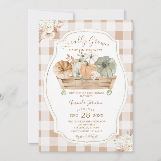Lokaal geteelde Herfst Pompoen Gingham Baby shower Kaart (Voorkant)