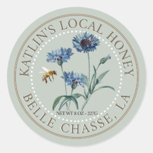 Lokaal honingetiket met blauwe ester en honingbije ronde sticker