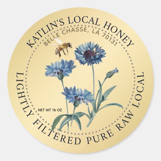 Lokaal honinglabel Blauw Aster Bloem Honingbij Gou Ronde Sticker (Voorkant)