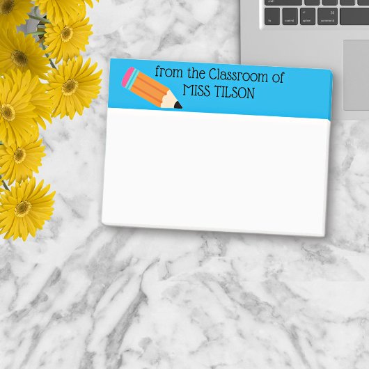 Lokaal van de leraar, Potlood, Blauwe rand Post-it® Notes