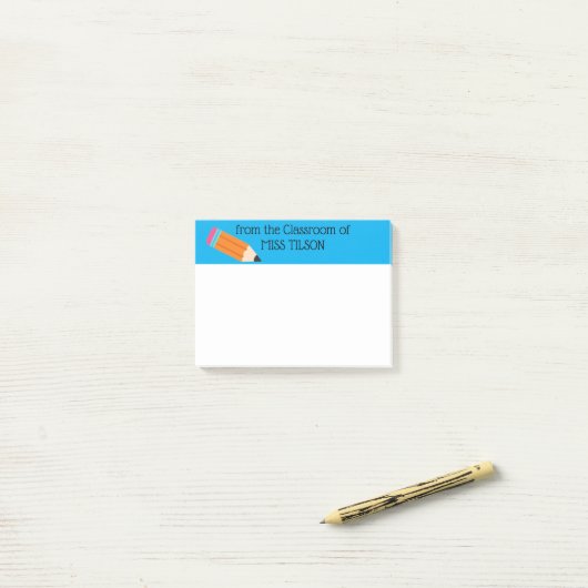 Lokaal van de leraar, Potlood, Blauwe rand Post-it® Notes (Op bureau)
