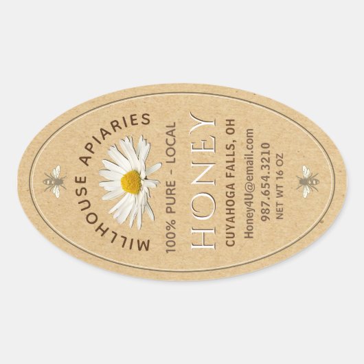 Lokale met de hand gevulde honing met Daisy en Bee Ovale Sticker (Voorkant)