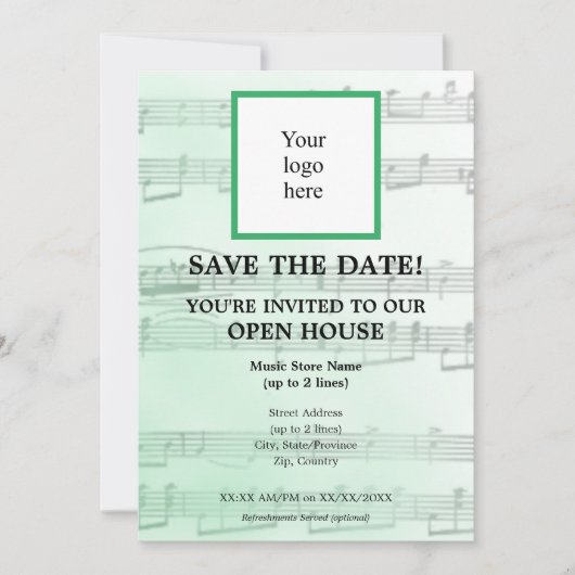 Lokale muziekwinkel kiezen I Logo Open House Save The Date (Voorkant)