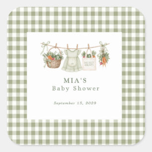 Lokale Salie Gingham Baby Shower  Vierkante Sticker