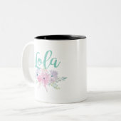 Lola met Aqua Floral Bouquet Tweekleurige Koffiemok (Voorkant links)