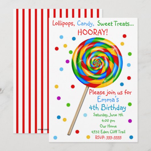 Lollipop Birthday - uitnodigingen op de favoriete  (Voorkant / Achterkant)