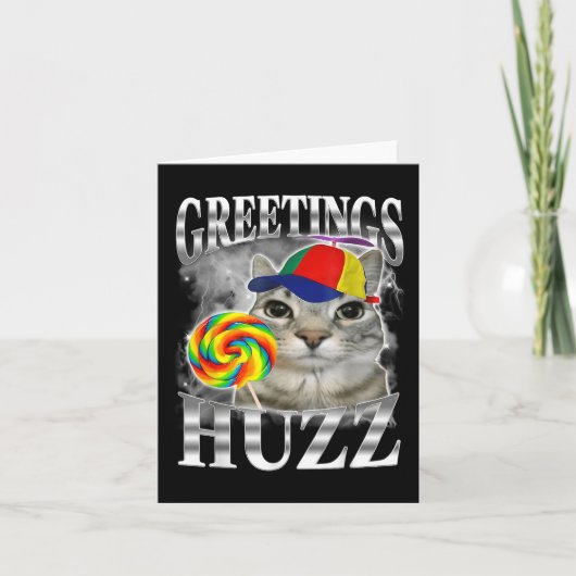 Lollipop Cat Meme Groetjes Huzz Grappig Gekke Cat Kaart (Voorkant)