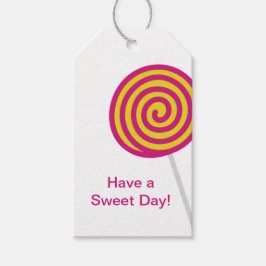 Lollipop heeft een fijne dag roze en geel cadeaulabel