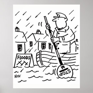 Lollipop-man roeit een boot tijdens de overstromin poster