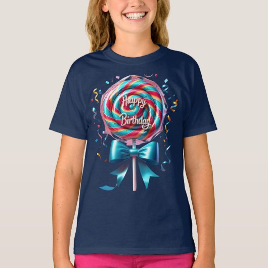 Lollipop met een turquoise boog en streamers t-shirt (Voorkant)