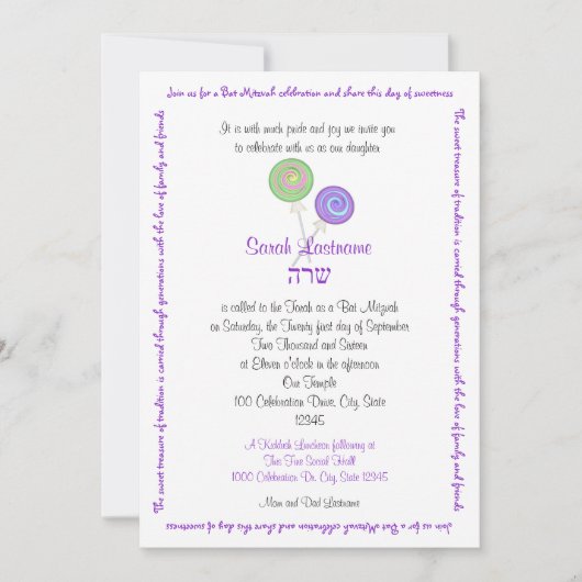 Lollipop Snoep Bat Mitzvah Lavender Kaart (Voorkant)