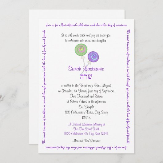 Lollipop Snoep Bat Mitzvah Lavender Kaart (Voorkant / Achterkant)