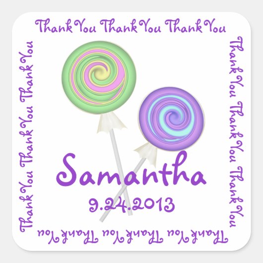 Lollipop Snoep Dank u Vierkante Sticker (Voorkant)
