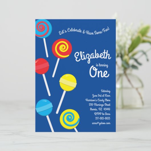 Lollipop Snoep Kinder 1e verjaardag Partij Kaart (Staand voorkant)