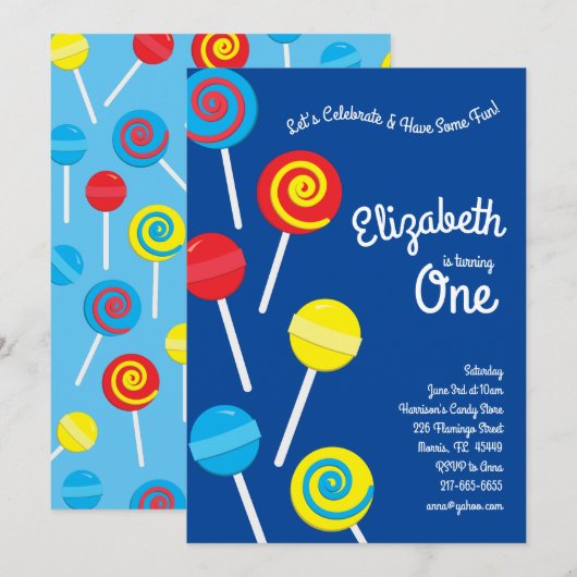 Lollipop Snoep Kinder 1e verjaardag Partij Kaart (Voorkant / Achterkant)