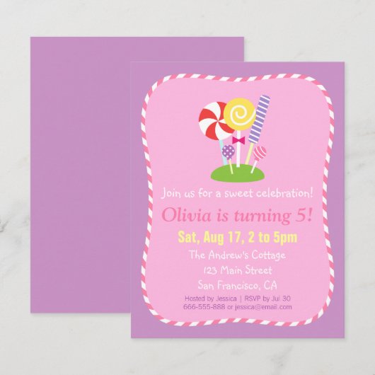 Lollipop Snoep Thmed Birthday Party Kaart (Voorkant / Achterkant)