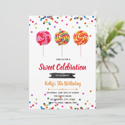 Lollipop snoep verjaardagsfeestuitnodiging kaart (Staand voorkant)