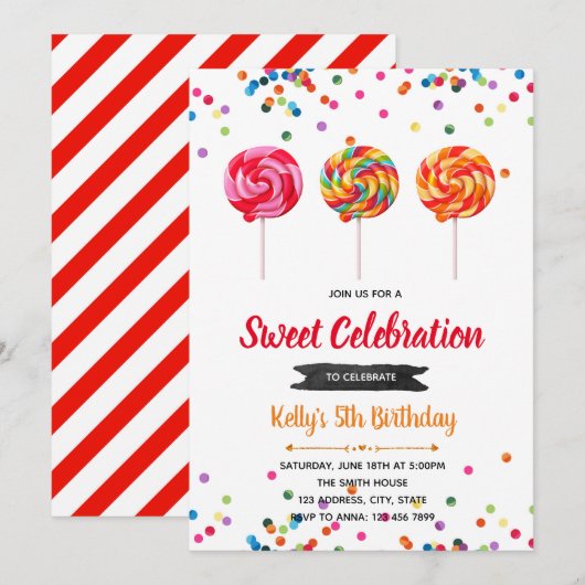 Lollipop snoep verjaardagsfeestuitnodiging kaart (Voorkant / Achterkant)
