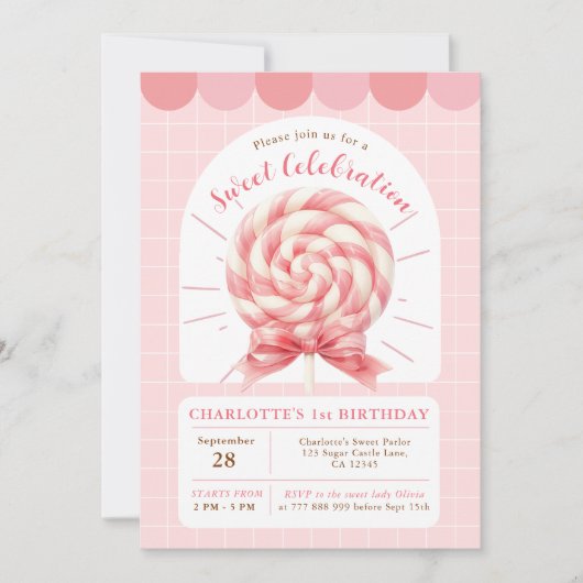Lollipop Sweet Shop Roze Verjaardag Uitnodiging (Voorkant)