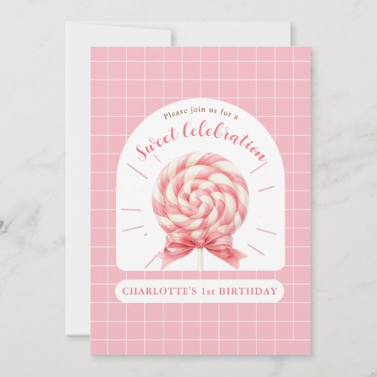 Lollipop Sweet Shop Roze Verjaardag Uitnodiging (Achterkant)