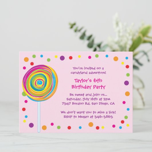Lollipop uitnodigingen Candyland Verjaardagsfeest (Staand voorkant)