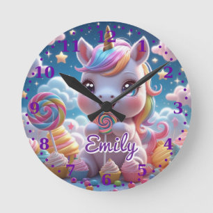 Lollipop Unicorn wandklok – bewerkbare naam