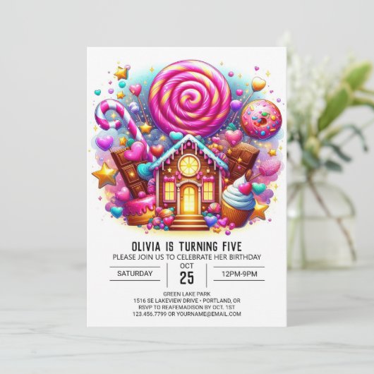 Lollipop Whimsy Candyland digitale verjaardag Kaart (Staand voorkant)