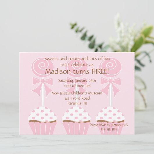 Lollipops & Cupcakes Birthday Invitation Kaart (Staand voorkant)