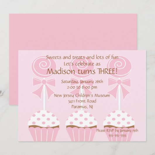 Lollipops & Cupcakes Birthday Invitation Kaart (Voorkant / Achterkant)