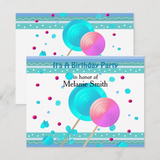 Lollipops en Sweets Birthday Invitation Kaart (Voorkant / Achterkant)