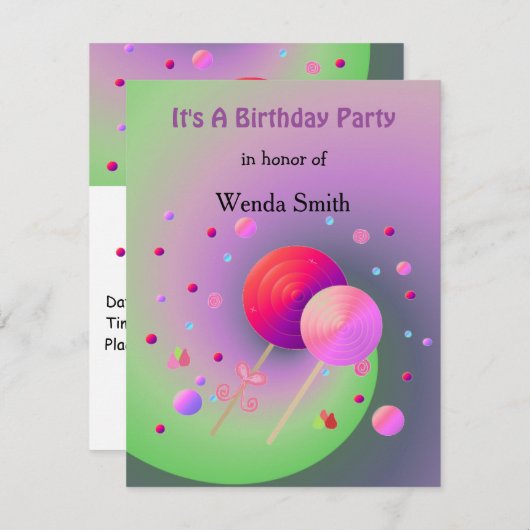 Lollipops en Sweets Birthday Invitation Kaart (Voorkant / Achterkant)