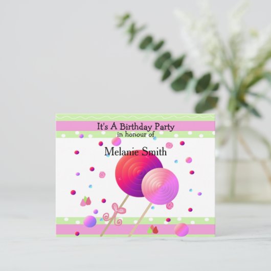 Lollipops en Sweets Birthday Invitation Kaart (Staand voorkant)