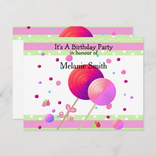 Lollipops en Sweets Birthday Invitation Kaart (Voorkant / Achterkant)