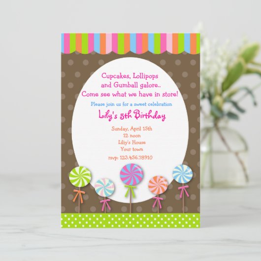 Lollipops Snoep Shoppe Birthday - uitnodiging (Staand voorkant)