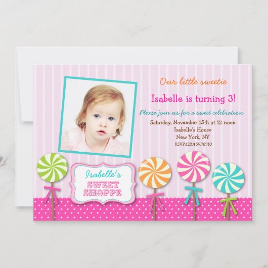 Lollipops Sweet Shoppe Photo Birthday Invitations Kaart (Voorkant)