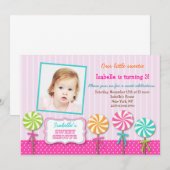 Lollipops Sweet Shoppe Photo Birthday Invitations Kaart (Voorkant / Achterkant)