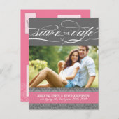 Lolly Pink and Grey Damask Bewaar de datum Aankondigingskaart (Voorkant / Achterkant)