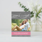 Lolly Pink and Grey Damask Bewaar de datum Aankondigingskaart (Staand voorkant)