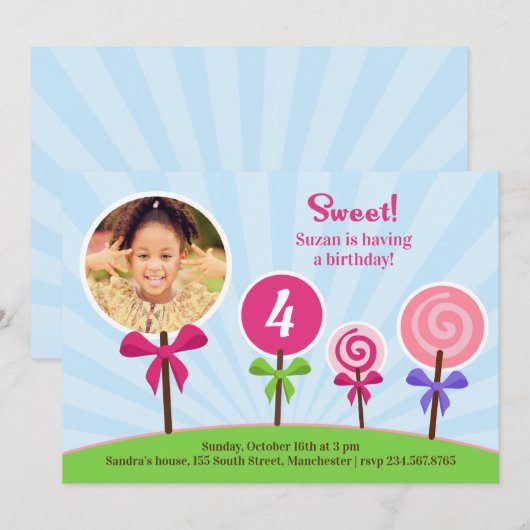 Lollypop Verjaardag Foto Platte Uitnodiging (Voorkant / Achterkant)