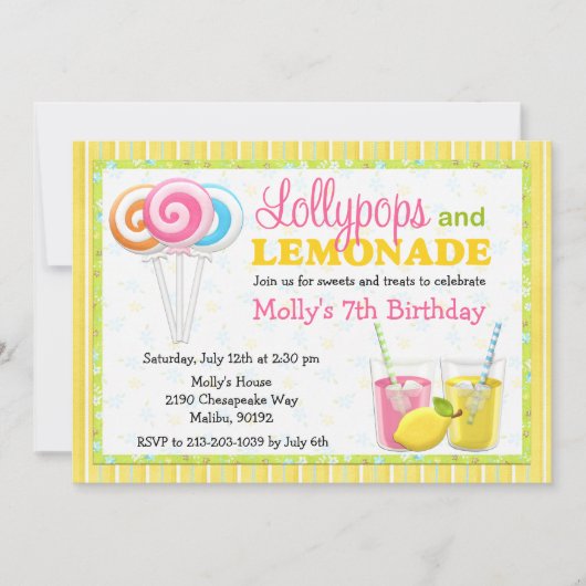 Lollypops and Lemonade Birthday Party Invitation Kaart (Voorkant)