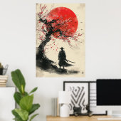Lon Samurai - Rode Zon Japanse Inktkunst Poster (Thuiskantoor)