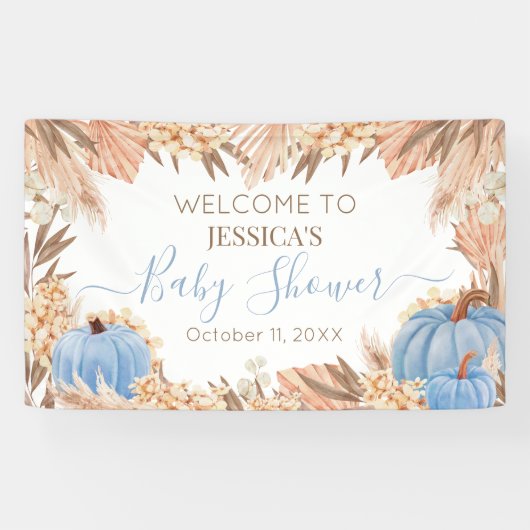 Lona Boho Pampas Blue Pumpkin baby shower Welcome  Spandoek (Horizontaal)
